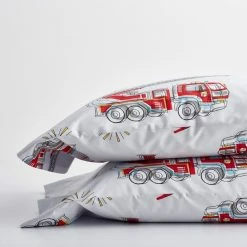 Buy 🌟 Firetrucks Multicolored Graphic 200-Thread Count Organic Cotton Percale Standard Pillowcase (Set of 2) by Company Kids by The Company Store 💯