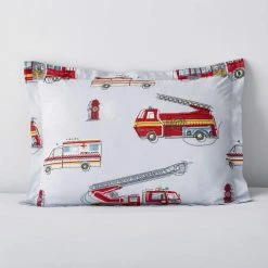 Deals 😍 Firetrucks Multicolored Graphic 200-Thread Count Organic Cotton Percale Standard Sham by Company Kids by The Company Store ✔️