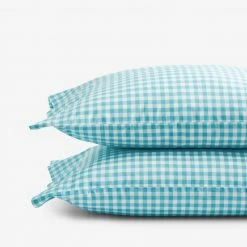 Promo 💯 Company Kids Gingham Turquoise Organic Cotton Percale Standard Pillowcase (Set of 2) by Company Kids by The Company Store ✔️