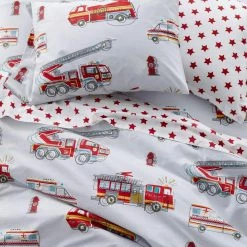 Brand new 👏 Firetrucks 4-Piece Multicolored Graphic 200-Thread Count Organic Cotton Percale Queen Sheet Set by Company Kids by The Company Store ⌛ -Allied Home Shop company kids by the company store sheet sets 30331l q multi 4f 1000