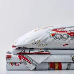 Brand new 👏 Firetrucks 4-Piece Multicolored Graphic 200-Thread Count Organic Cotton Percale Queen Sheet Set by Company Kids by The Company Store ⌛