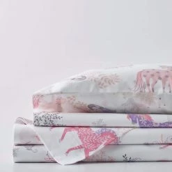 Promo 🌟 Prancing Unicorns 4-Piece Multicolored Graphic 200-Thread Count Organic Cotton Percale Queen Sheet Set by Company Kids by The Company Store 😍