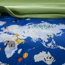 Hot Sale 🎁 Company Kids Around The World 4-Piece Blue Multicolored Graphic 200-Thread Count Organic Cotton Percale Queen Sheet Set by Company Kids by The Company Store 🥰 -Allied Home Shop company kids by the company store sheet sets 30345l q blue multi c3 1000